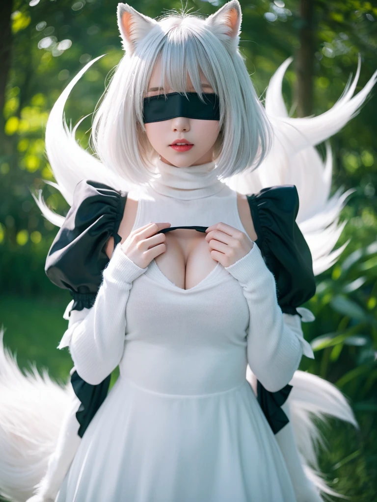 One girl, Wow, (Blindfold), chest, Chest cleavage, Chest cleavage cutout, Dress cutout, Green background, Hair between the eyes, head band, High resolution, Juliet Sleeve, Long sleeve, nier (series), nier automata, Fluffy sleeves, Red lips, Shadow Face, short hair, alone, Turtleneck sweater, Upper Body, l Blue hair, zero, White fox ears, White fox tail, nine tailed fox,