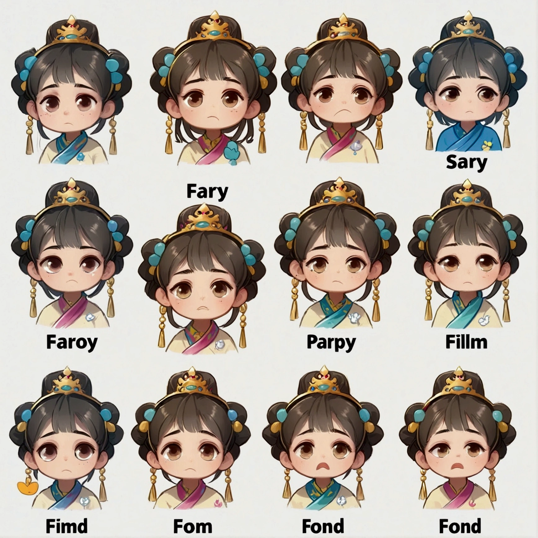 Simplified cartoon emoticon pack, 1 cute girl head, 9 emotions (listless, angry, speechless, tired, sleepy, scared, pitiful, surprised, excited, depressed), white background, 8k resolution, cartoon style, hand-drawn illustrations, Chinese style, bright colors, rich details, WeChat emoticon pack, highlighted display (arranged neatly: 1.2, spaced separately: 1.2, not overlapping: 1.2), distinct contour shadows, ultra-high saturation colors, dynamic capture, (Nine Palace Grid Layout: 1.5)