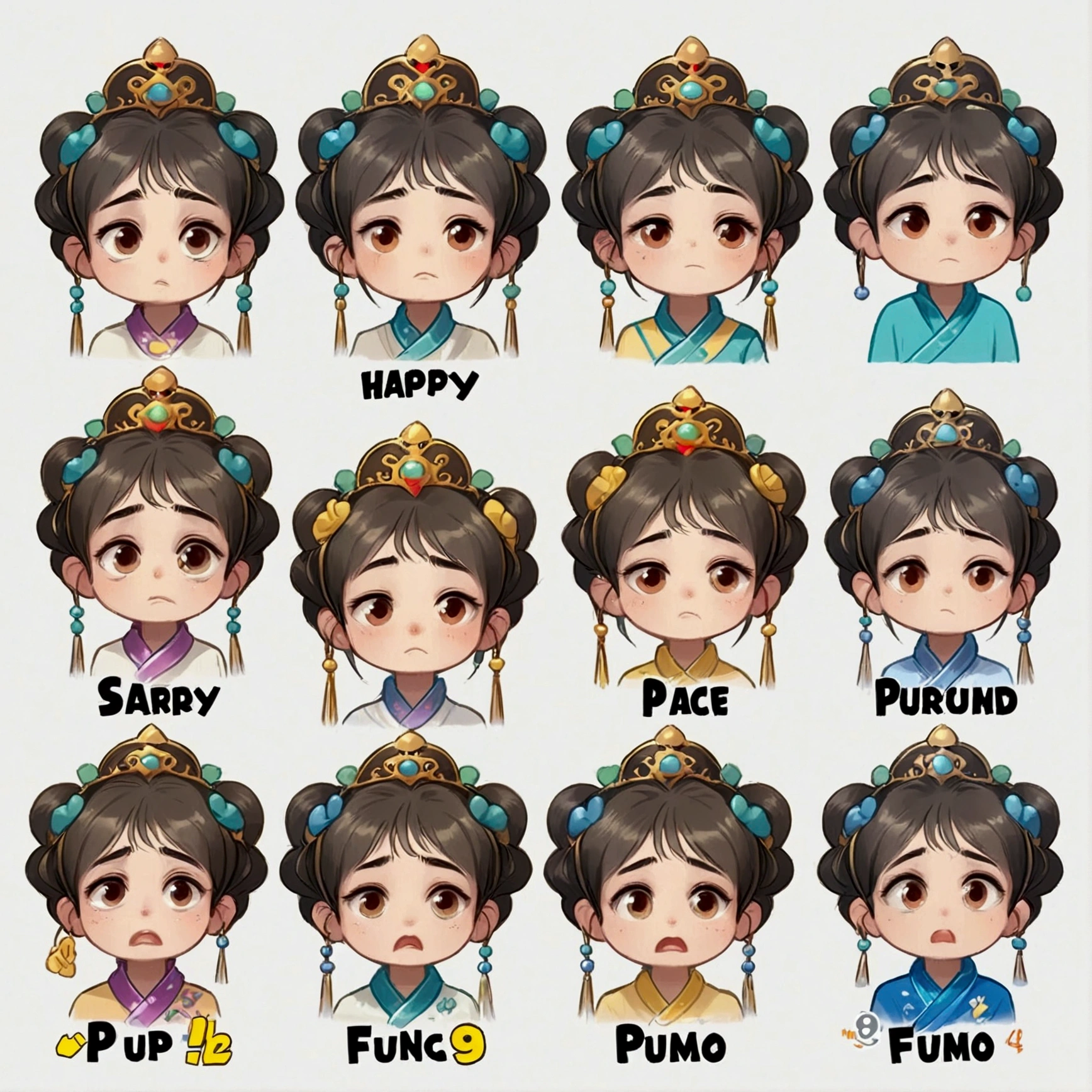 Simplified cartoon emoticon pack, 1 cute girl head, 9 emotions (listless, angry, speechless, tired, sleepy, scared, pitiful, surprised, excited, depressed), white background, 8k resolution, cartoon style, hand-drawn illustrations, Chinese style, bright colors, rich details, WeChat emoticon pack, highlighted display (arranged neatly: 1.2, spaced separately: 1.2, not overlapping: 1.2), distinct contour shadows, ultra-high saturation colors, dynamic capture, (Nine Palace Grid Layout: 1.5)