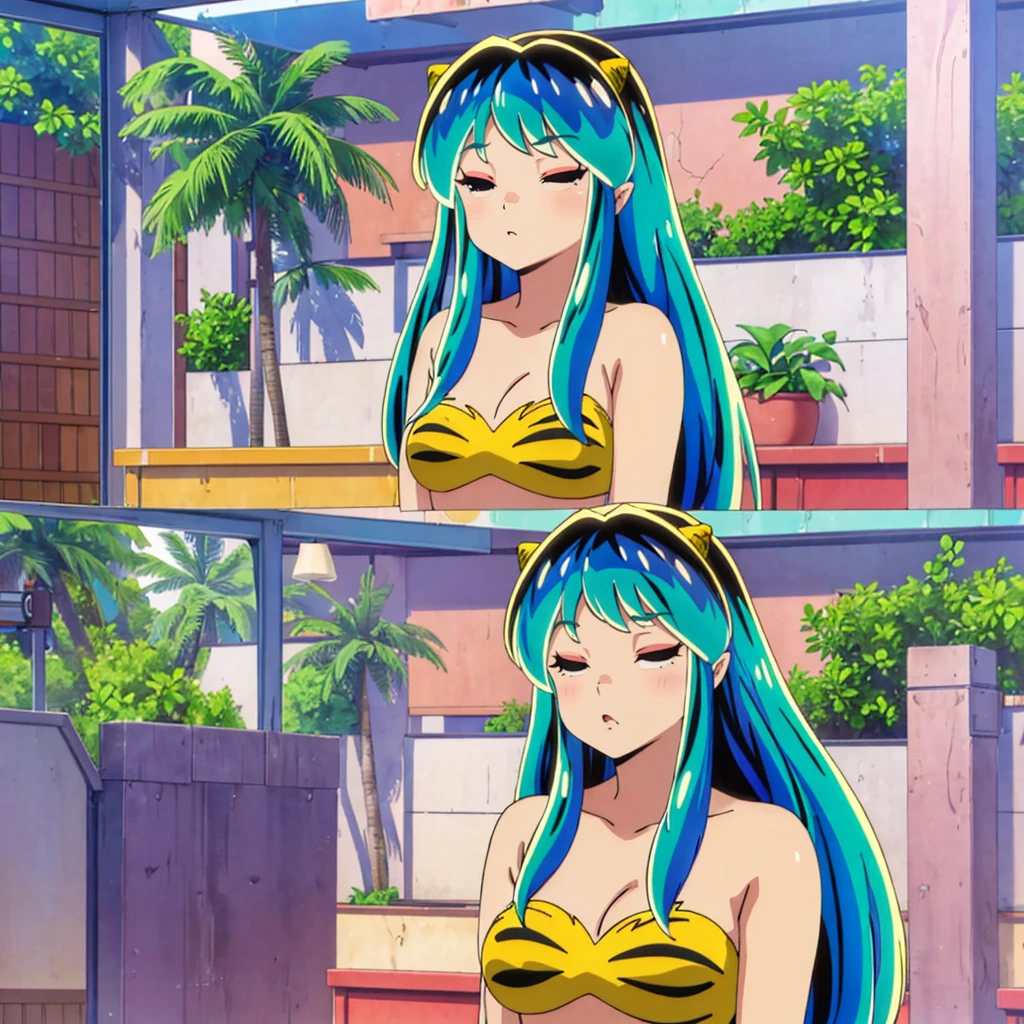 masterpiece, Highest quality, 1 Girl, Lum, 比基尼, anime, Face close-up, Charm, 18-year-old, Ahegao, My hair is messy, Open your mouth slightly, lipstick, sexy, painful, Being spoiled, Sleeping with eyes closed