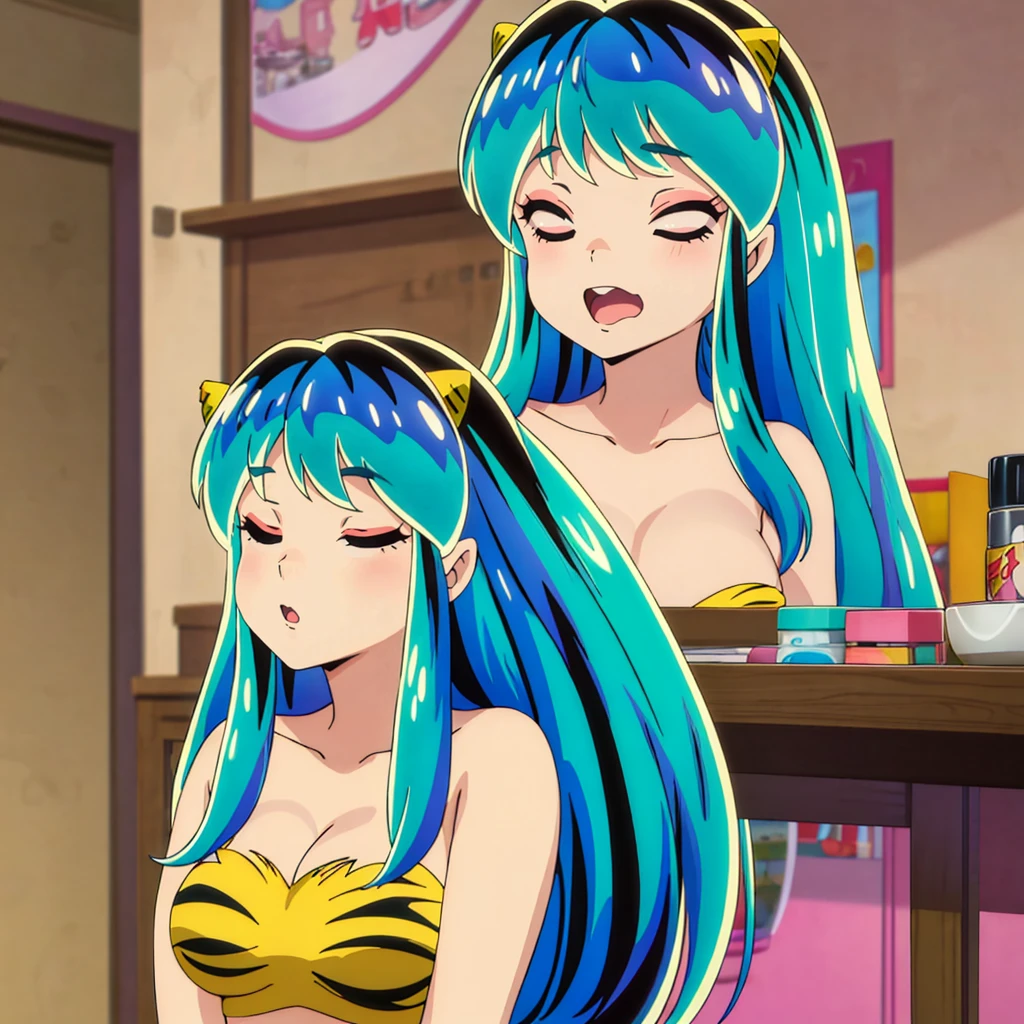 masterpiece, Highest quality, 1 Girl, Lum, 比基尼, anime, Face close-up, Charm, 18-year-old, Ahegao, My hair is messy, Open your mouth slightly, lipstick, sexy, painful, Being spoiled, Sleeping with eyes closed
