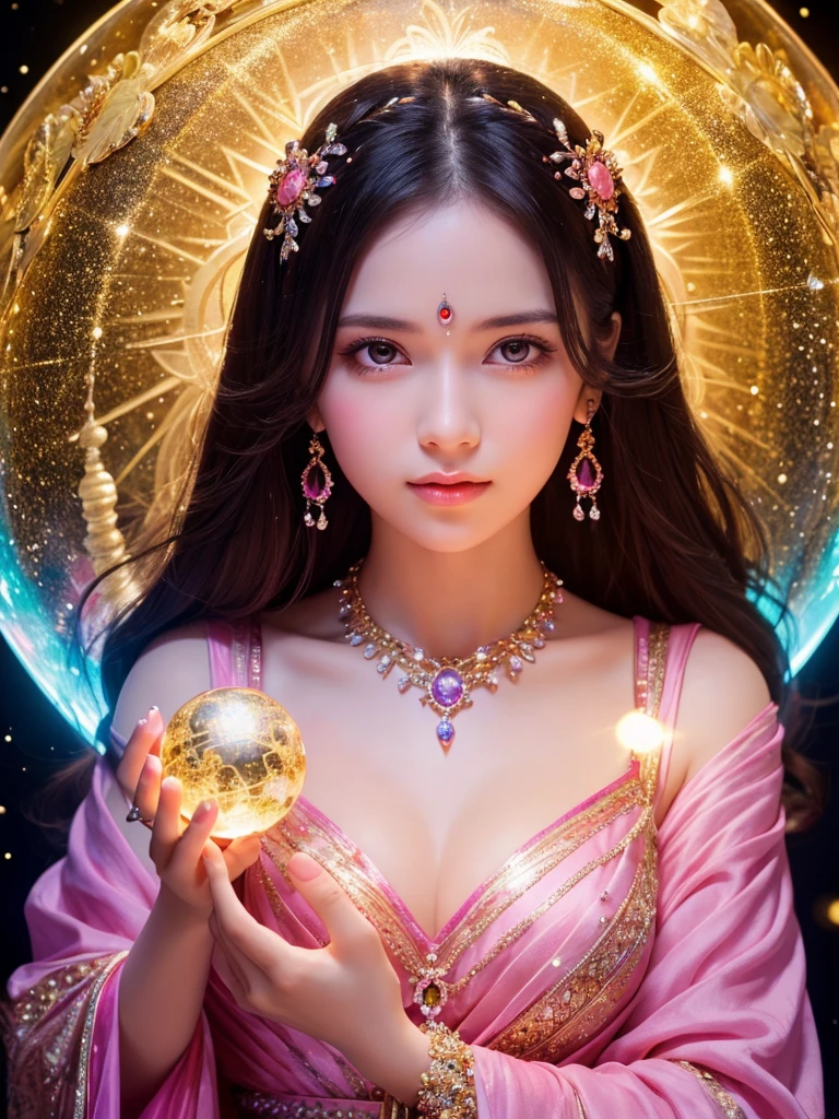 Shining young woman adorned with various gems, holding a large crystal ball in both hands, staring straight into the camera, in the center, very bright colors, light particles, shining, Musib, wallpaper art, UHD wallpaper, background pink, divination to meditate, mysterious