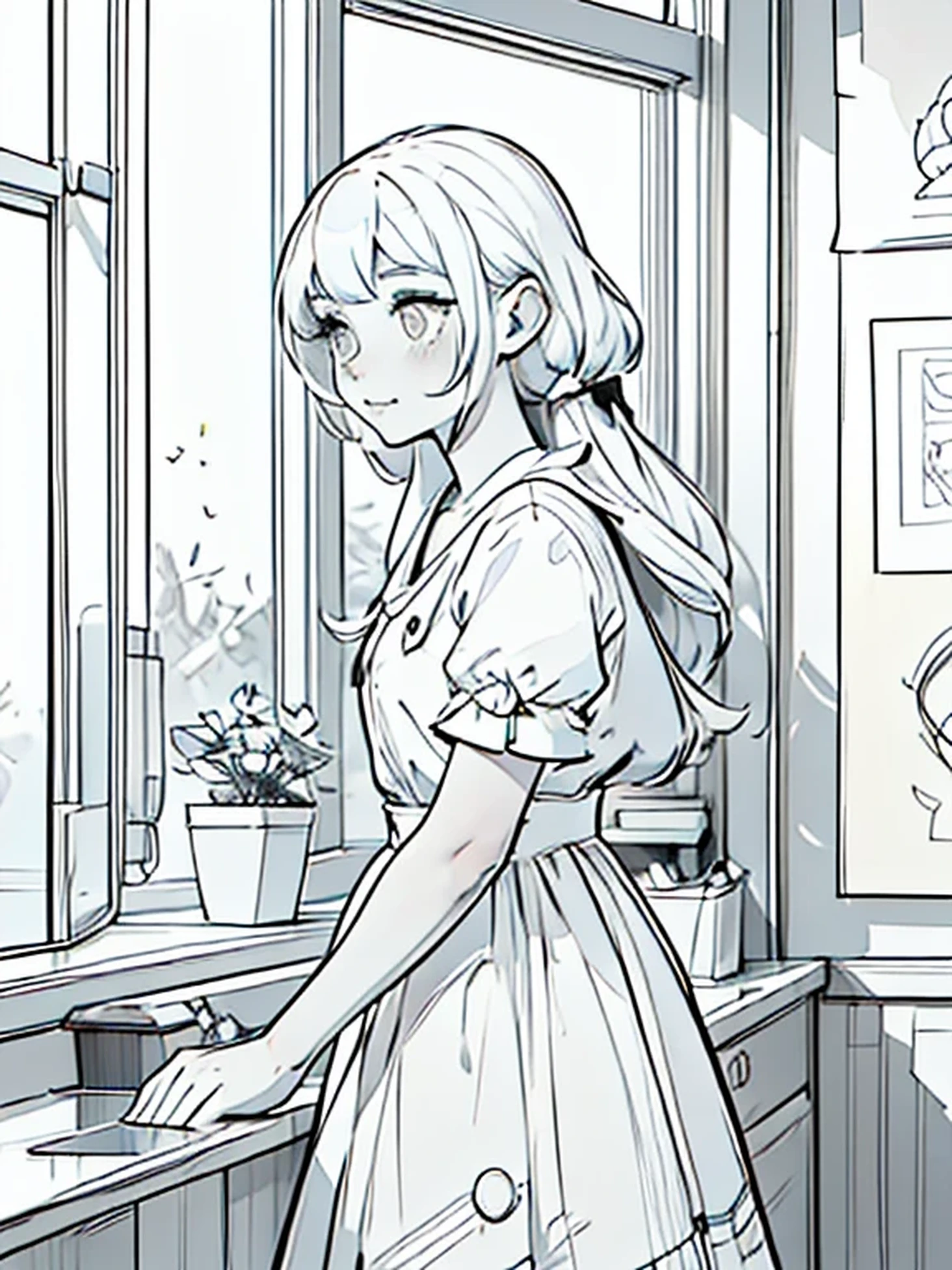 a coloring book page, a cute girl on a room watching de moon throught the window, black and white, simple and minimal, perfect shapes, only lineart, no gray or shades