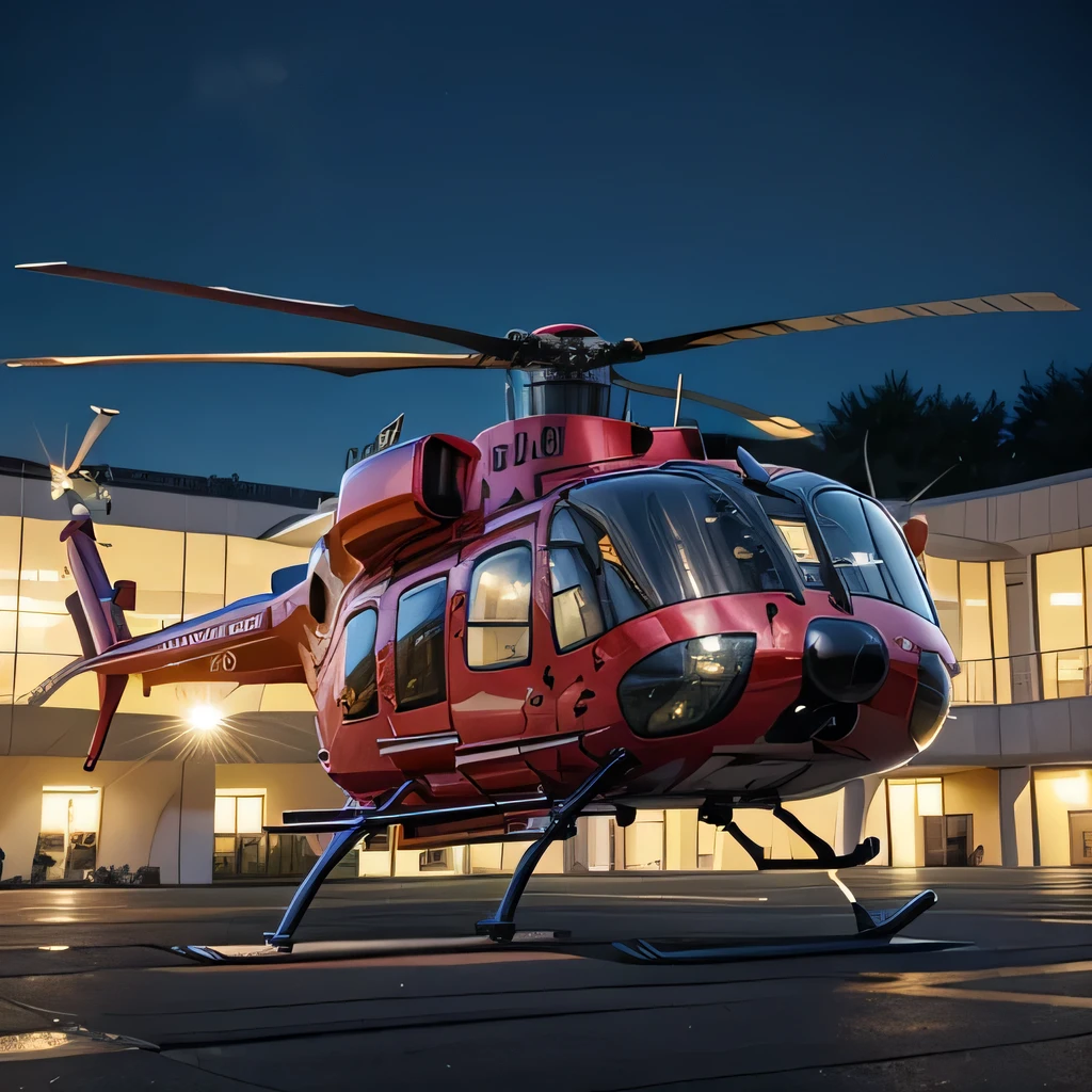 best quality, ultra-detailed, realistic, (red transport helicopter, UH-60, flying:1.4), BREAK (concert hall, orchestra:1.2),