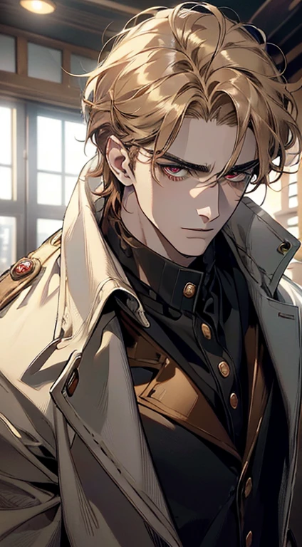 (best quality, masterpiece, 8K, photorealistic, cinematic lighting, 1:4 hdr image, ultra detailed, beautiful image), a mature man, 34 years very handsome, ((cold expression)), short golden hair, red eyes, face perfect without mistakes, ((buttoning his jacket, CEO))