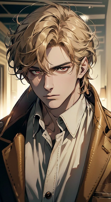 (best quality, masterpiece, 8K, photorealistic, cinematic lighting, 1:4 hdr image, ultra detailed, beautiful image), a mature man, 34 years very handsome, ((cold expression)), short golden hair, red eyes, face perfect without mistakes, ((buttoning his jacket, CEO))