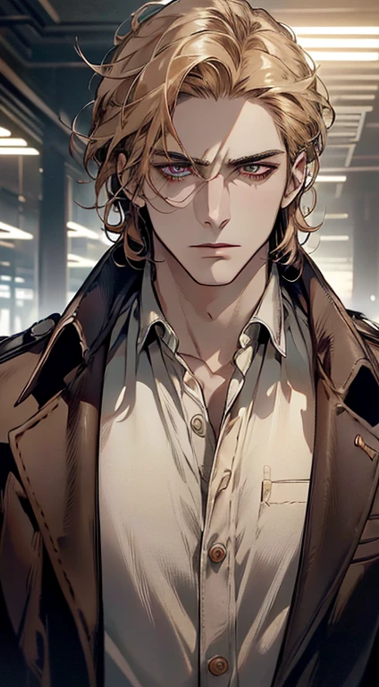 (best quality, masterpiece, 8K, photorealistic, cinematic lighting, 1:4 hdr image, ultra detailed, beautiful image), a mature man, 34 years very handsome, ((cold expression)), short golden hair, red eyes, face perfect without mistakes, ((buttoning his jacket, CEO))