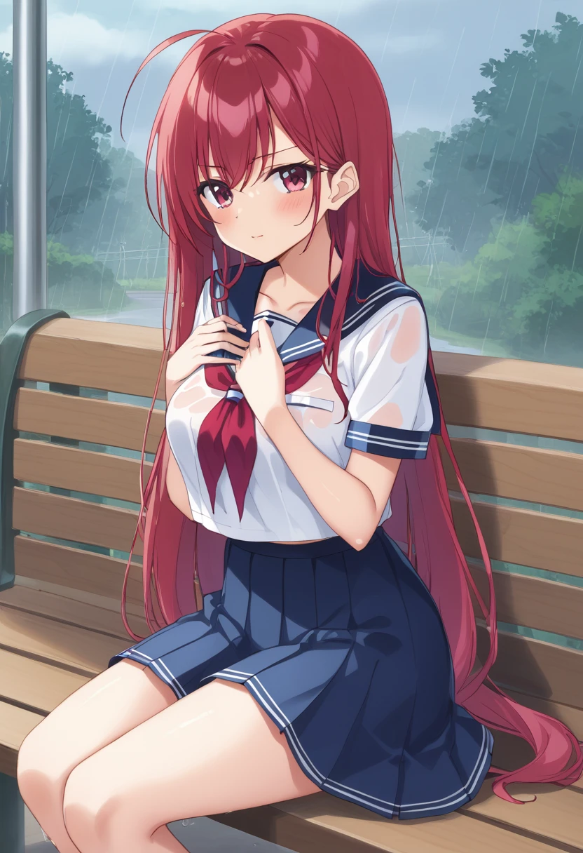 Huge 、 Summer rural bus stop、sit on a bench、 Sheltering from the Rain、 Sailor suit、 Shyness、 Glare、 Cover your chest with your hands、Wet、heavy rain、ずぶWet、Rainy Sky