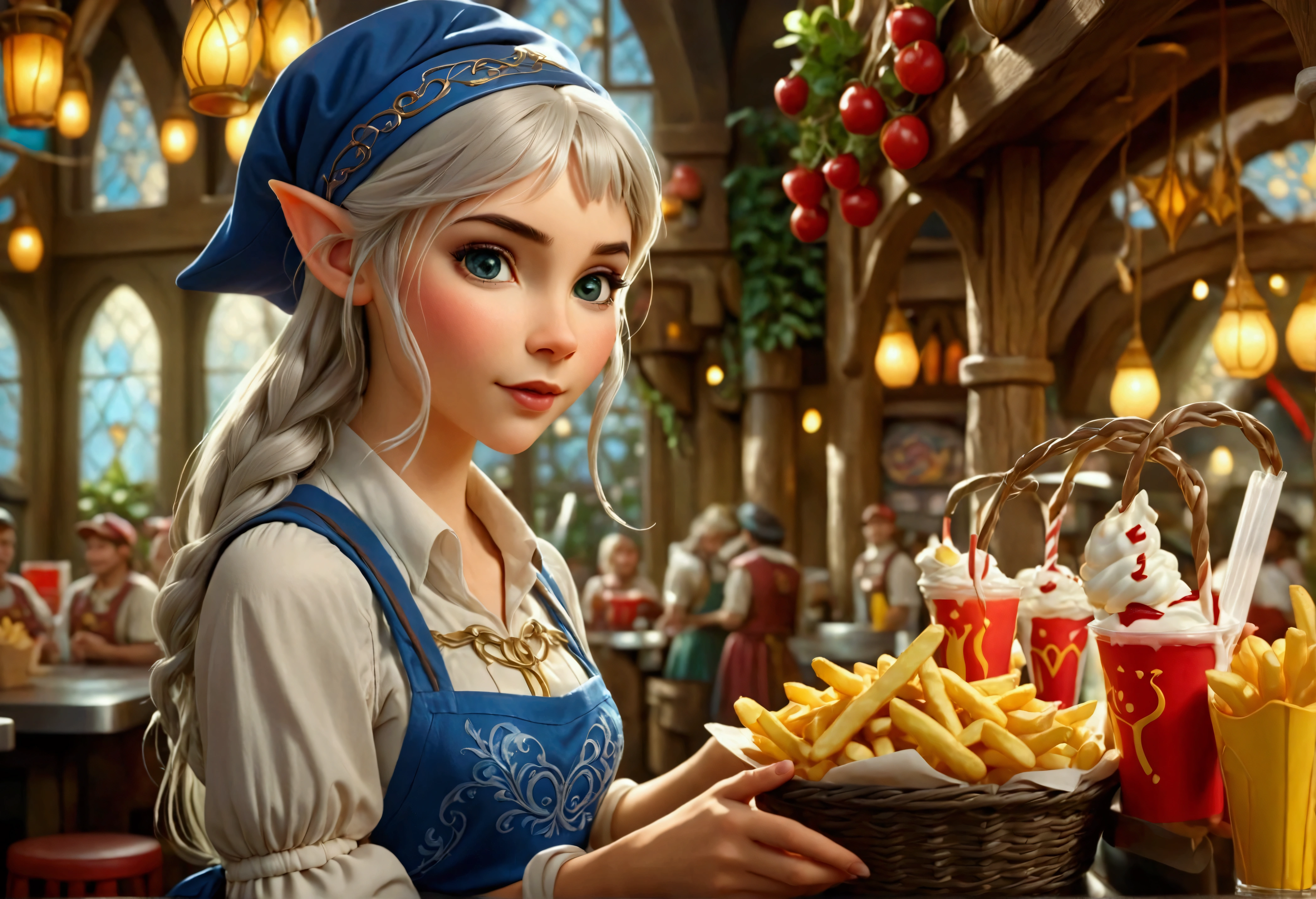A beautiful elven princess working as a fast food server at Merlin's, wearing an apron and cap, serving magic milkshakes and baskets of fries, high fantasy, extremely detailed, intricate details, photorealistic, 8k, dramatic lighting, vivid colors, cinematic composition, fantasy elements, fantasy food, fantasy restaurant interior