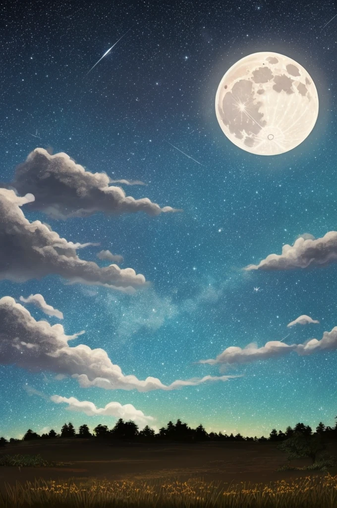 a dark night sky with stars and clouds and a full moon, a digital painting by Li Mei-shu, tumblr, space art, bright moonlight and stars, starry-night!!!!!!!!!!!!!!!!!!!!, moon and stars, the moon and stars, ✨🕌🌙, stars glistening in the night, dark and stars in the background, moonlit night sky, dreamy night