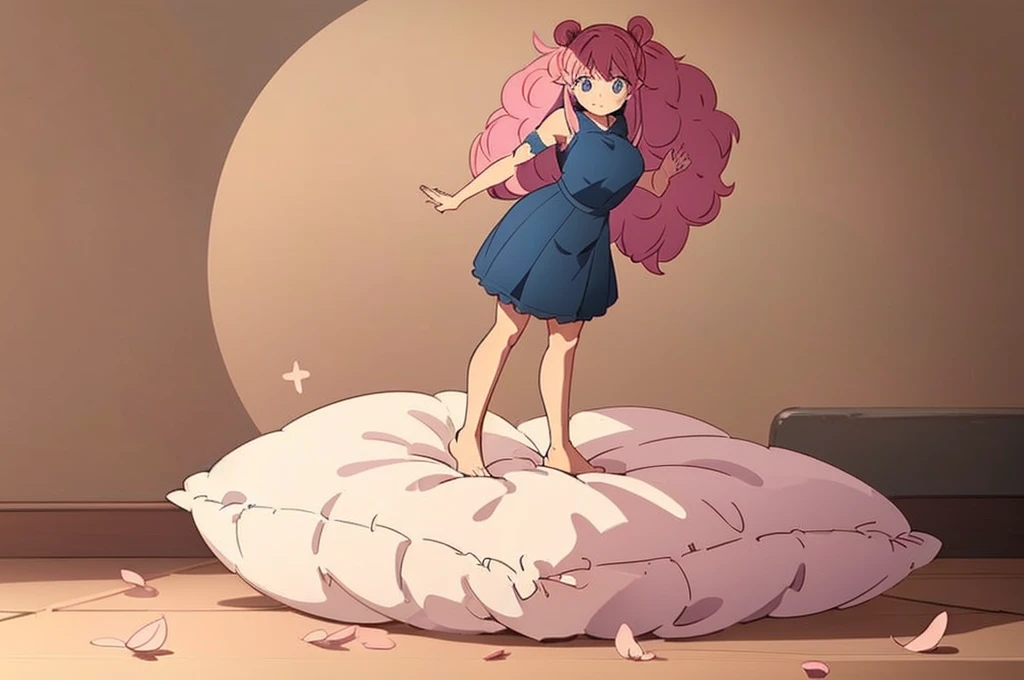 (best quality， masterpiece) , details, (Light and shadow oxtail) , Cute girl posing on pillow ，Pillow, Upholstered，Soft pillow quotation，（Pillow），The love surrounding the protagonist，steam，Luxury Pillow），（Gorgeous pattern pillow），luxurious pillow，（bedroom ）, standing,（Love around the protagonist），（pillow）, long hair, frilled pillow , ((pink pillow))  , 1 pillow, standing on top of pillow, on pillow, big pillow, pillow damage, stomping pillow, stomping, pillow on floor, stepping on pillow, posing on top pillow, full body, pillow on floor, (((pink hair))), feathers