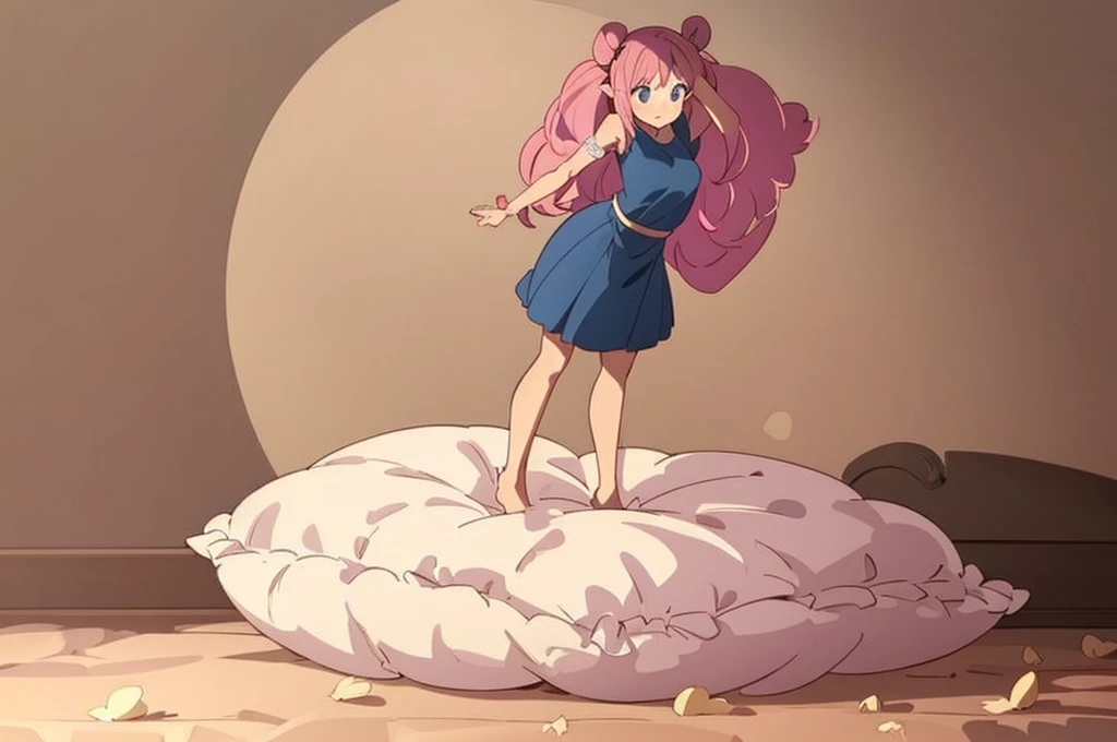 (best quality， masterpiece) , details, (Light and shadow oxtail) , Cute girl posing on pillow ，Pillow, Upholstered，Soft pillow quotation，（Pillow），The love surrounding the protagonist，steam，Luxury Pillow），（Gorgeous pattern pillow），luxurious pillow，（bedroom ）, standing,（Love around the protagonist），（pillow）, long hair, frilled pillow , ((pink pillow))  , 1 pillow, standing on top of pillow, on pillow, big pillow, pillow damage, stomping pillow, stomping, pillow on floor, stepping on pillow, posing on top pillow, full body, pillow on floor, (((pink hair))), feathers