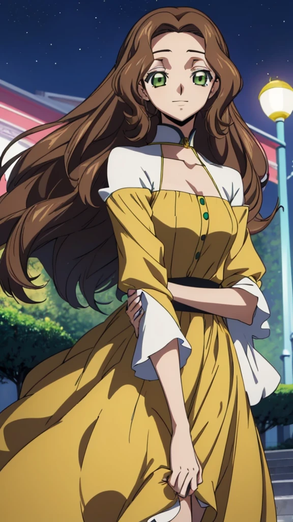 Score_9, score_8, score_7, code Geass_anime, Anastasia lamperough, brown hair and green eyes, long hair, yellow dress, smile, cute, park, dusk, best quality, masterpiece+