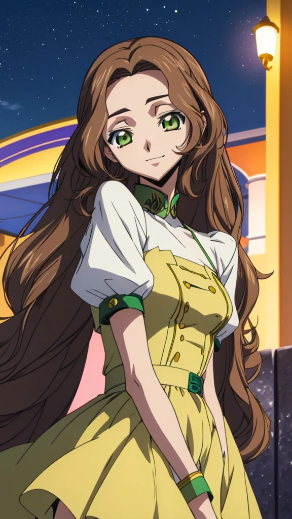 Score_9, score_8, score_7, code Geass_anime, Anastasia lamperough, brown hair and green eyes, long hair, yellow casual dress, smile, cute, park, night, best quality, masterpiece+