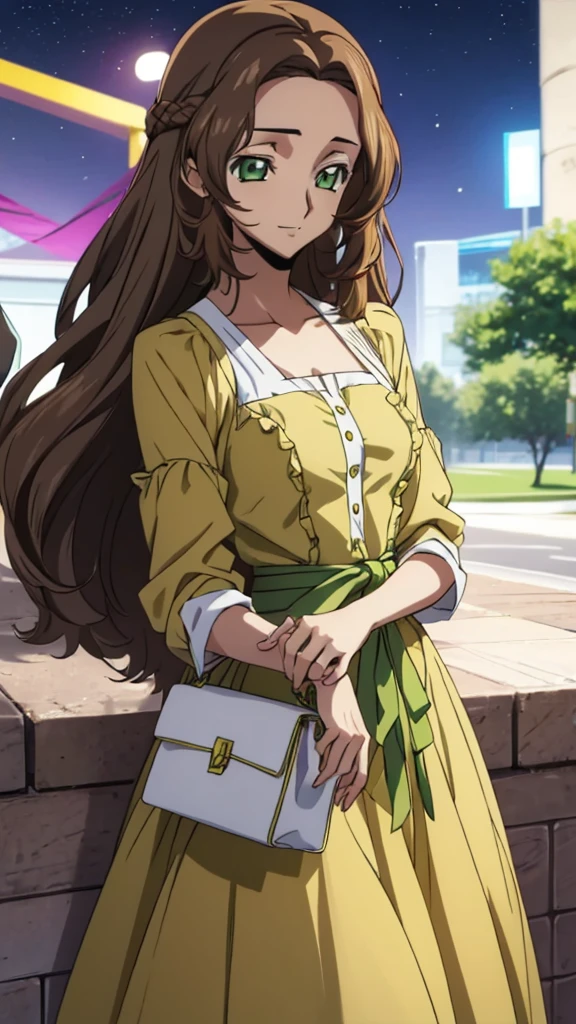 Score_9, score_8, score_7, code Geass_anime, Anastasia lamperough, brown hair and green eyes, long hair, yellow casual dress, smile, cute, park, night, best quality, masterpiece+