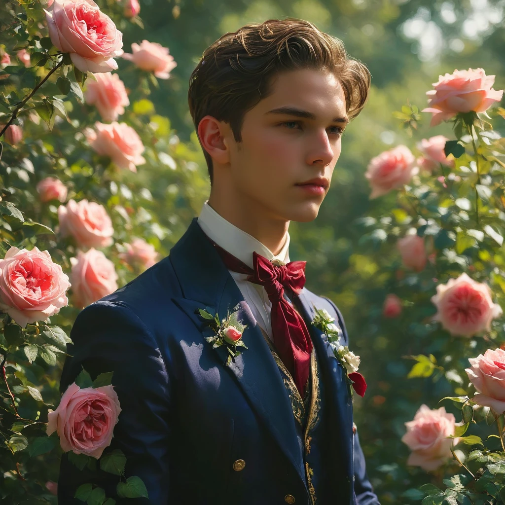 Create an image of a young man inspired by the characteristics of the rose 'The Prince.' He standing with a relaxed yet confident posture, one hand resting lightly on a hip while the other gently brushes against a rose bush. His clothing should feature deep rich colors like dark purple and crimson red, with a tailored, Victorian-inspired suit adorned with intricate embroidery and subtle thorn-like details on his accessories. His attire should echo the complex, multi-petaled structure of the rose, with layers and textures that add depth to his appearance. The composition should center on the young man, with a slight off-center placement to draw the eye towards him while still incorporating the lush green garden background. The lighting should be soft and diffused, with golden-hour sunlight filtering through the leaves, creating a warm, inviting atmosphere. Use a shallow depth of field to keep the focus on the subject while gently blurring the background, enhancing the dreamy, almost ethereal quality of the scene. The environment should be a well-tended garden, with glossy green leaves and blooming roses that match the man's attire, creating a harmonious blend between the subject and his surroundings. The atmosphere should be serene and regal, with a hint of mystery and romance. Photography techniques should include a low-angle shot to emphasize the young man's stature and elegance, and a slight tilt to add a dynamic element to the composition. Use a full-frame DSLR or mirrorless camera, such as a Canon EOS R5 or a Sony A7R IV, paired with a prime lens like an 85mm f/1.4 to achieve a beautiful bokeh effect and sharp subject focus. For inspiration, consider the works of photographers like Tim Walker, known for his fantastical and richly detailed fashion photography, which often features elements of nature and a dreamlike quality.