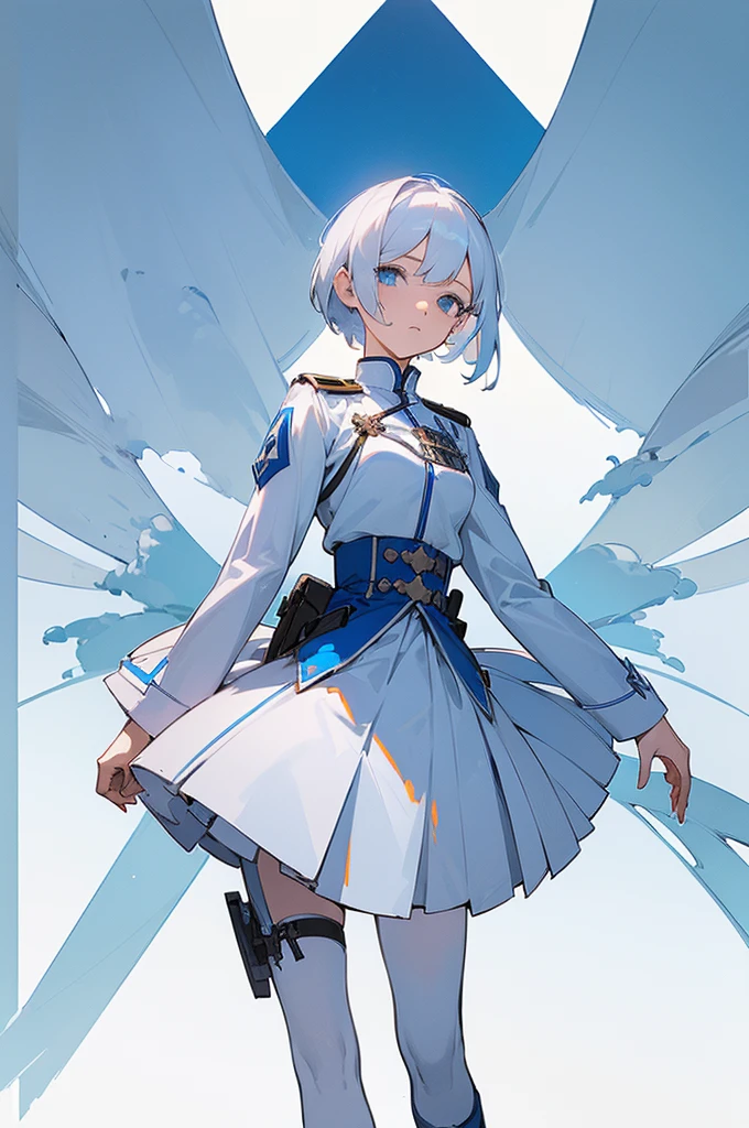 ((masterpiece)), (((best quality))), (character design sheet), 1girl, white hair, short hair, blue eyes, adventurer, full body, (white and blue military uniform, center part white, outer part blue, symetrical, no frills), short pleated skirt, thin sword of light, white background, very detailed eyes, detailed face,