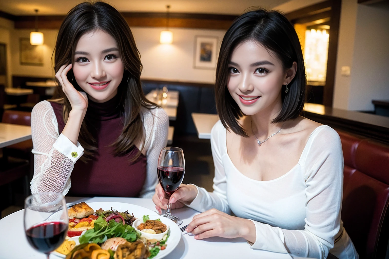 ((Highest quality、8K、masterpiece:1.3))、Shortcuts、cute、slimカップル、modelカップル、actress男優、(Realistic, Intricate details:1.2), full-course dinner、Wine Party、Amazing view of the sunset sky and clouds、A bright smile、short hair,Bright Face、 (Age 45), 42 years old, red wine 、Appetizers、Italian food、Wine bottle、Champagne、sparkling wine、Two beauties、Brown Hair、Shortcuts、Long sleeve shirt、dress、Beautiful woman 1, (slimな顔), (The body is slim), (Brown Hair), (Shortcuts), cheeks turn a little red,Attractive beauty、restaurant, In a prominent place (From the waist up) Nova Frog Style, actress, model, Upper Body, White wine, slim, wine glass, 中央に置かれたwine glass, smile, (smile: 1.15), Beautiful fine grain, Depth f/2,saturation, High Contrast, Strong light and shadow,Moist Body:1.5、3D texture、Delicate eyes、Brown Hair、The hair is very shiny、