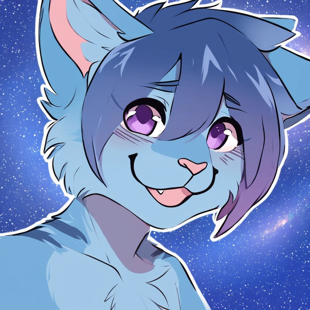 adult, feline, mammal, anthro, anthropomorphic, cat, striped, fur, striped_feline, fur, furred_anthro, femboy, male, light_blue chest cerulean_hair, fluffy, ears, azure_blue_ears, purple_eyes, cerulean_hair, expressive eyes, feline_ears, azure_blue_fur, light_blue_chest, shy, small_pupils, digital_art, high_resolution, high_res, hand-drawn, pencil_lines, head_visible, background, neck_visible, seductive_face, white_outline, profile_picture, head_visible, tail, blue_galaxy_background, galaxy, smiling
