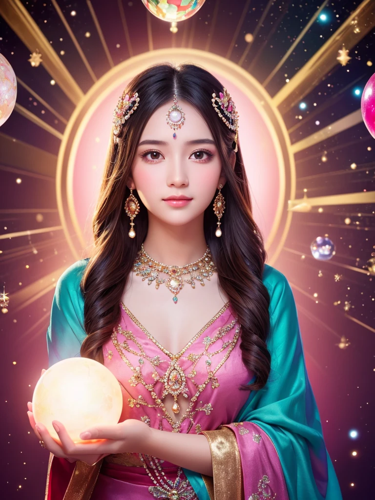 Shining young woman adorned with various gems, holding a huge crystal ball in both hands, staring straight into the camera, in the middle, very bright colors, light particles, shining, Musib, wallpaper art, UHD wallpaper, background pink, divination to meditate, mystical
