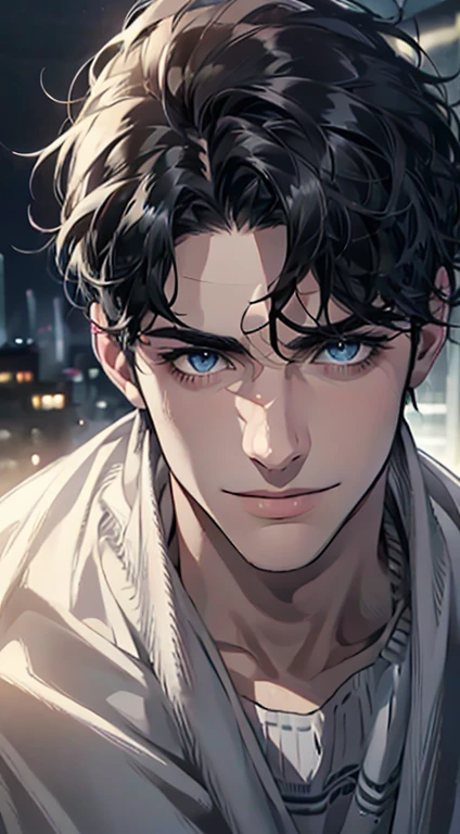 (best quality,4k,8k,highres,masterpiece:1.2),ultra-detailed,(realistic,photorealistic,photo-realistic:1.37),1 man,31 years old,mature man,very handsome,without expression,smile,short grey black hair,blue eyes,penetrating gaze,perfect face without errors,imposing posture,businessman,office background,cinematic lighting,hdr image
