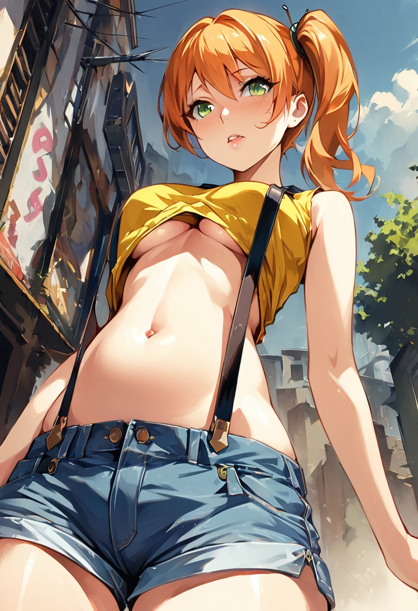 score_9,score_8_up, score_7_up,source_anime.superior,from below,face below view,straight-on. (Insect's Eye).,mediumshot, masterpiece,bestquality, Highest quality, (mature) ,(One girl), Outdoor, Green Eyes, Orange Hair, Side Ponytail, Yellow Shirt, Sleeveless shirt,belly button, Denim shorts, suspenders, Captivating look, Seductive expressions, slender, delicate curves, ,(under_boob),(superfineillustration,finely detail),(absurdres),(shirtlift),shirt pul,(mid),