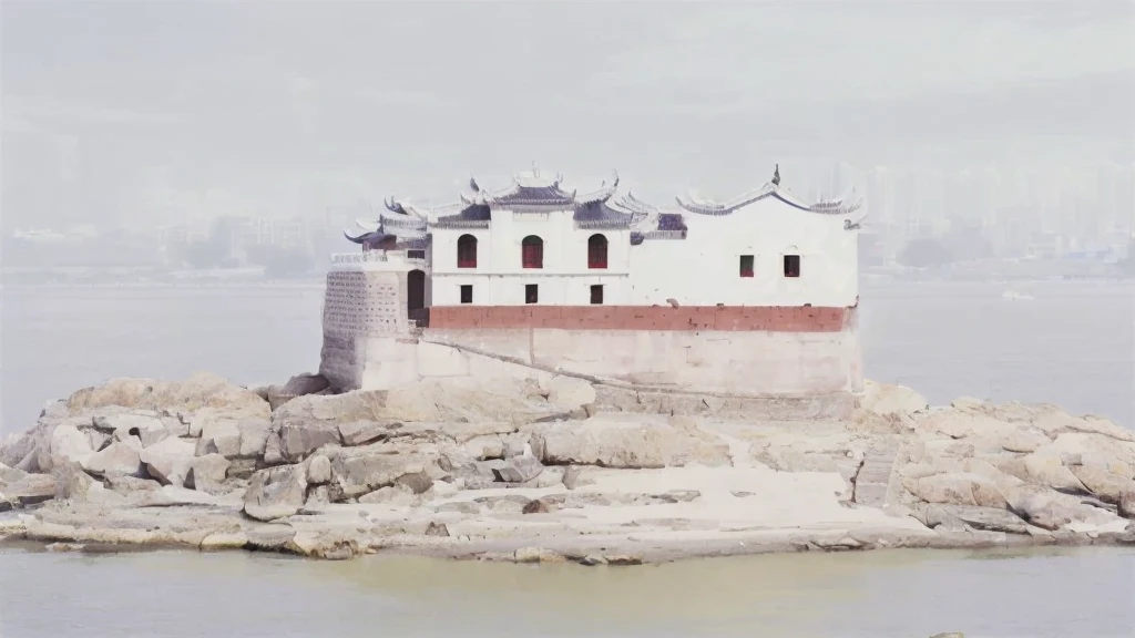 There is a small white building on the rocks in the water, background, Guangjian, Hubei Provincial Cultural Relics Protection Unit, A huge floating castle, keep, Ezhou Guanyin Pavilion, Many years have passed,  An ancient, an island, Realistic style, The end of an era