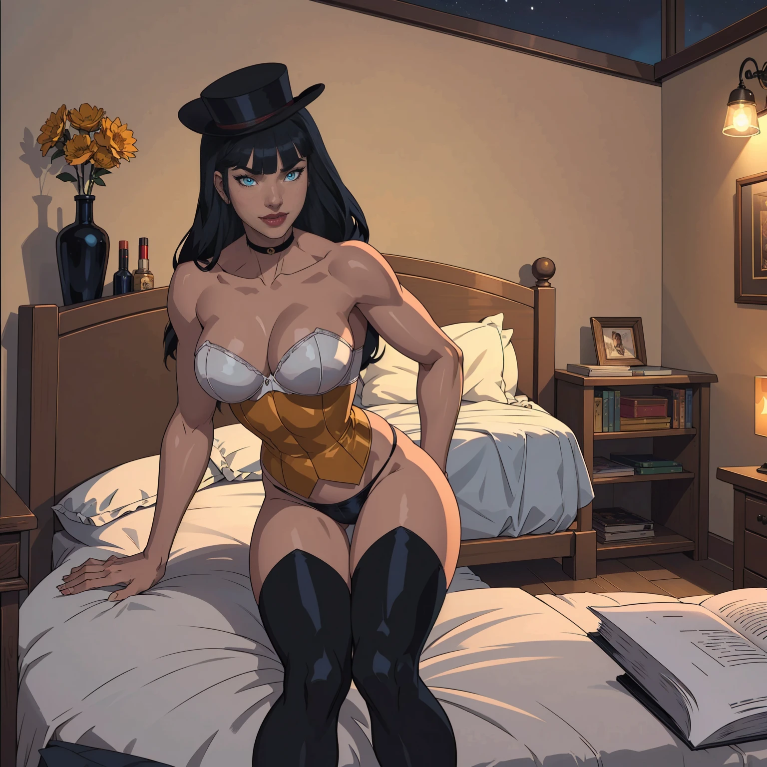 (((solo,1woman, mature, alone))), zatanna, ((long hair, black hair, bangs, glowing blue eyes, wide eyes, lipstick, makeup, narrow waist, skinny, medium breasts, earrings, alone, top hat)), pelvic curtain, ((black panties, white bra)), full body, perfect body, (insanely detailed, beautiful detailed face, masterpiece, best quality), (extremely detailed 8k paper CG wall unit: 1.1), (bed, bedroom, night), (smile face for the viewer), 