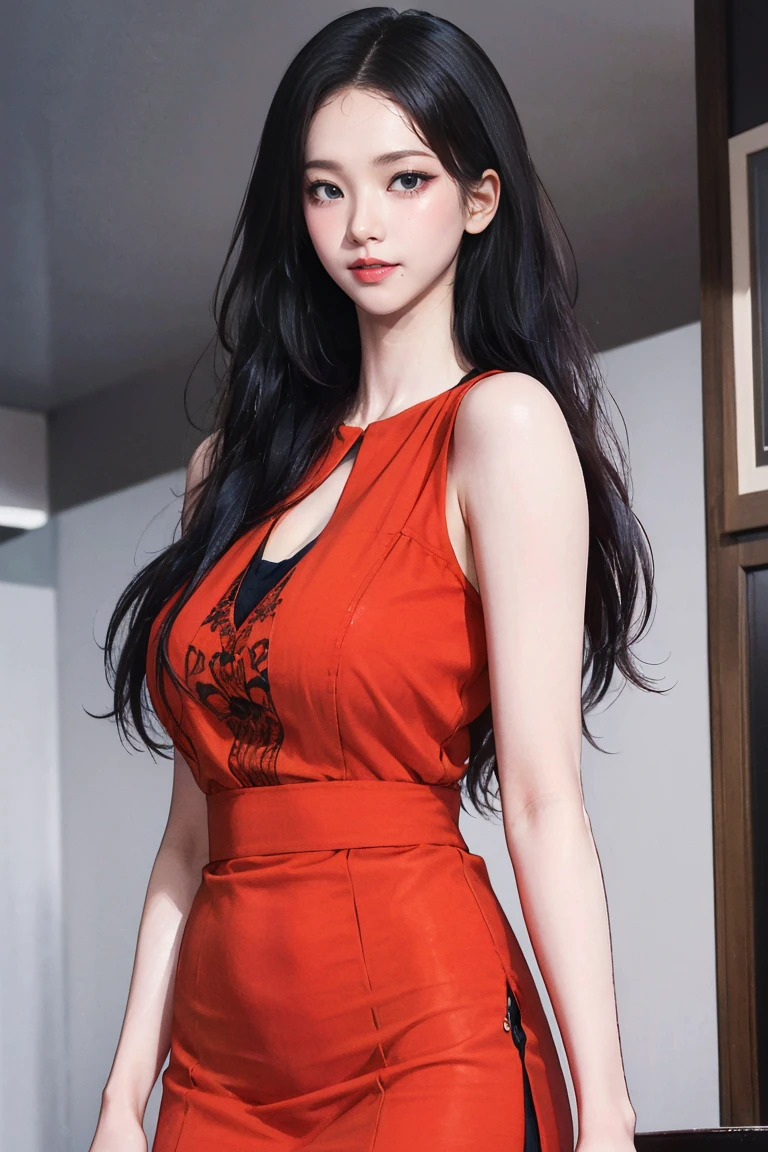 girl, Black Hair, (1980s Style), ((Red sleeveless dress)), Big Breasts,Long Hair, (Browsing Caution:1.0),Tall Supermodels、Long-legged supermodel、supermodel,((Highest quality、Best image quality、Ultra-high resolution、Ultra-high resolutionで描画、Very beautiful adult Nordic woman、Strong eye highlights))