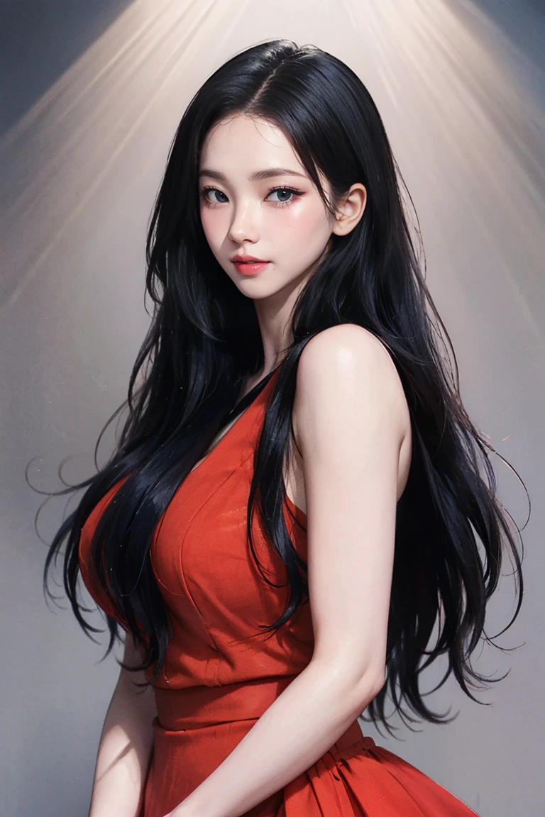 girl, Black Hair, (1980s Style), ((Red sleeveless dress)), Big Breasts,Long Hair, (Browsing Caution:1.0),Tall Supermodels、Long-legged supermodel、supermodel,((Highest quality、Best image quality、Ultra-high resolution、Ultra-high resolutionで描画、Very beautiful adult Nordic woman、Strong eye highlights))