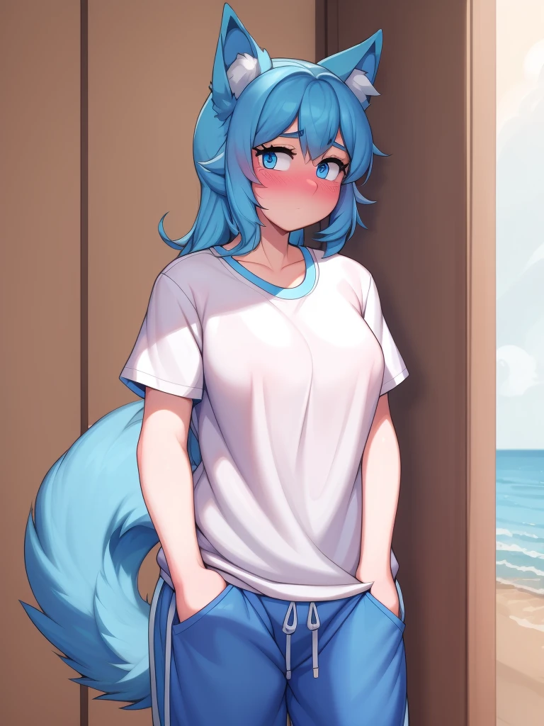 (Masterpiece) (High Detail) (High Res) A short little slim humanoid girl with pale human skin and blue eyes and long blue hair and blue dog ears and a fluffy blue dog tail and average breasts. She is dressed in a white t-shirt and grey baggy joggers. She has her hands in her pockets and is looking shy and has blushing cheeks.