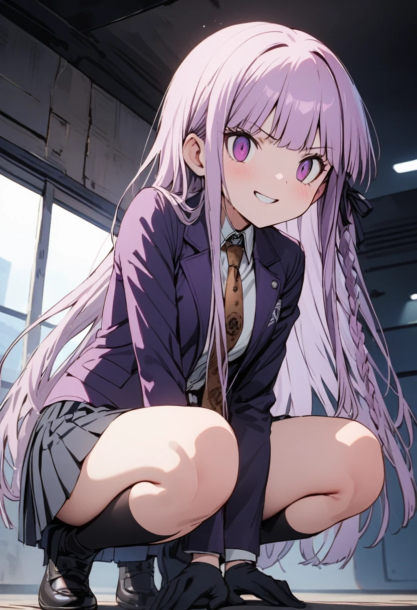 ((masterpiece,High resolution,Highest quality,8K,Detailed faces and anatomy))
(****************,Danganronpa,Kyouko Kirigiri,Purple Hair,Long Hair,Side braiding,Purple eyes,slender)(Black Ribbon,Black gloves,White collared shirt,Purple open jacket,Black pleated skirt,Brown tie,Printed necktie)squat,Grin