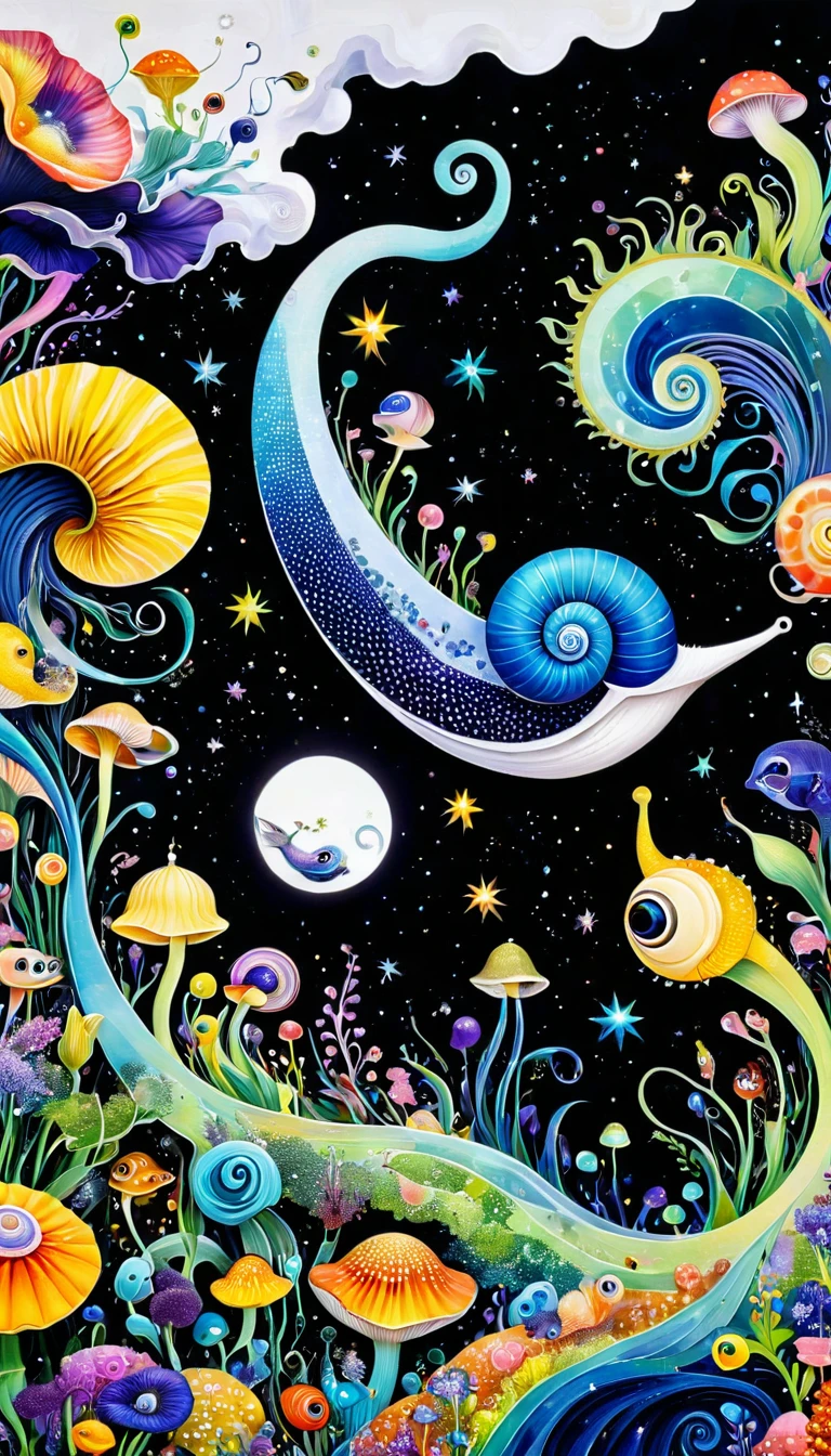 Three-dimensional painting。1snails房子,Artists from the stars,Colorful black,A world of color,Dopamine,mouth,A cloud、snails、iris、fish、Tentacles、bird、Eye、diatom,Abstract mosaic painting,Describing the inner world of autism,Sense of space,White Space,interesting,Innocence,Psychedelic Art,Black overall