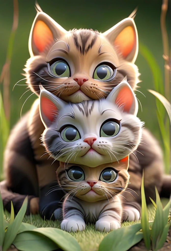 Three kittens huddled together on a grass, the two are tabby colored while the other one is black