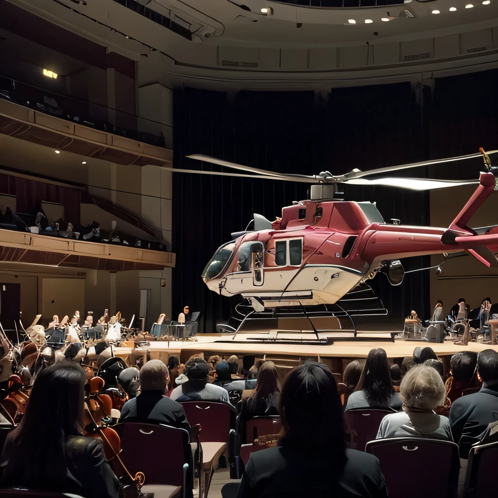 best quality, ultra-detailed, realistic, (red transport helicopter, UH-60, flying:1.4), BREAK (concert hall, orchestra:1.3),