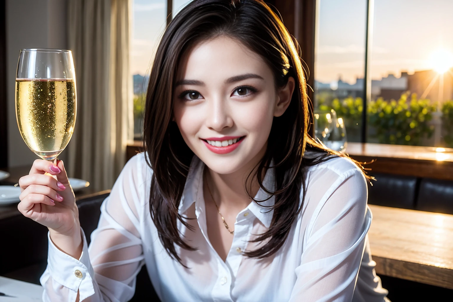 ((Highest quality、8K、masterpiece:1.3))、Shortcuts、cute、slimカップル、modelカップル、actress男優、(Realistic, Intricate details:1.2), full-course dinner、Wine Party、Amazing view of the sunset sky and clouds、A bright smile、short hair,Bright Face、 (Age 36), 42 years old, red wine 、Appetizers、Italian food、Wine bottle、Champagne、sparkling wine、Two beauties、Brown Hair、Shortcuts、Long sleeve shirt、dress、Beautiful woman 1, (slimな顔), (The body is slim), (Brown Hair), (Shortcuts), cheeks turn a little red,Attractive beauty、restaurant, In a prominent place (From the waist up) Nova Frog Style, actress, model, Upper Body, White wine, slim, wine glass, 中央に置かれたwine glass, smile, (smile: 1.15), Beautiful fine grain, Depth f/2,saturation, High Contrast, Strong light and shadow,Moist Body:1.5、3D texture、Delicate eyes、Brown Hair、The hair is very shiny、