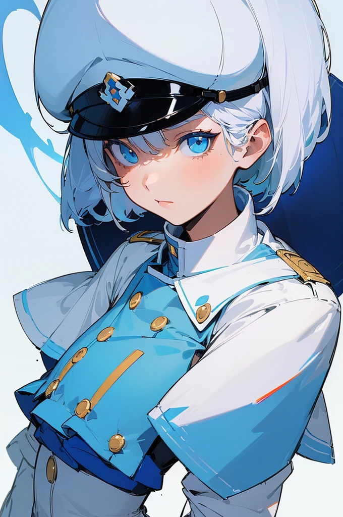 ((masterpiece)), (((best quality))), (character design sheet), 1girl, white hair, short hair, blue eyes, adventurer, full body, (white and blue military uniform, center part white, outer part blue, symetrical, no frills), short pleated skirt, thin sword of light, white background, very detailed eyes, detailed face, 