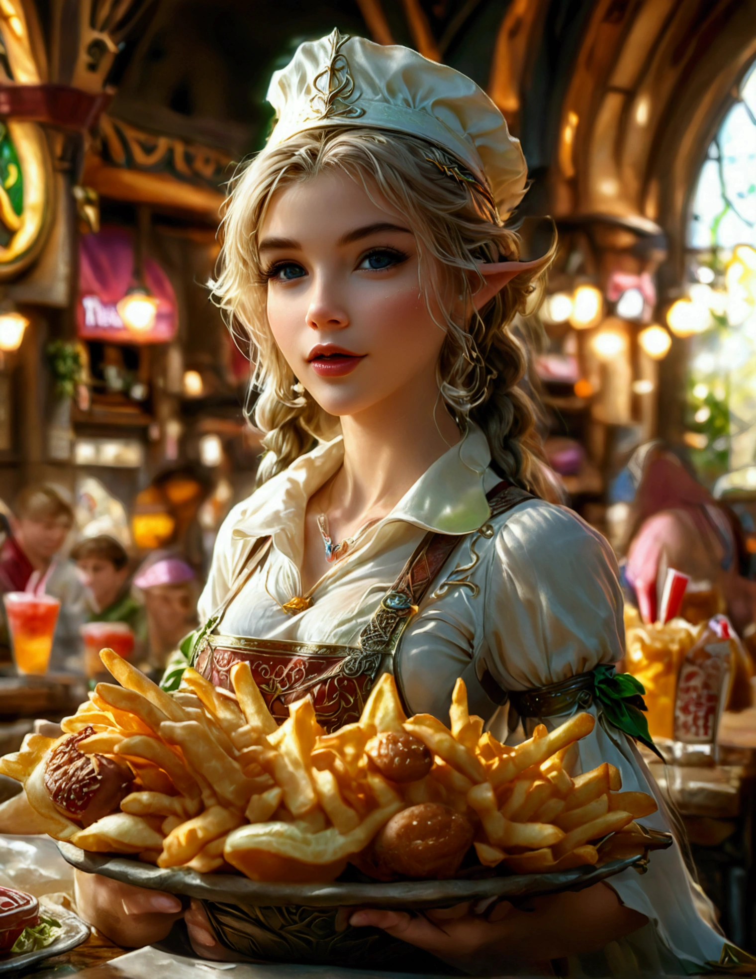 A beautiful elven princess working as a fast food server at Merlin's, wearing an apron and cap, serving magic milkshakes and baskets of fries, high fantasy, extremely detailed, intricate details, photorealistic, 8k, dramatic lighting, vivid colors, cinematic composition, fantasy elements, fantasy food, fantasy restaurant interior