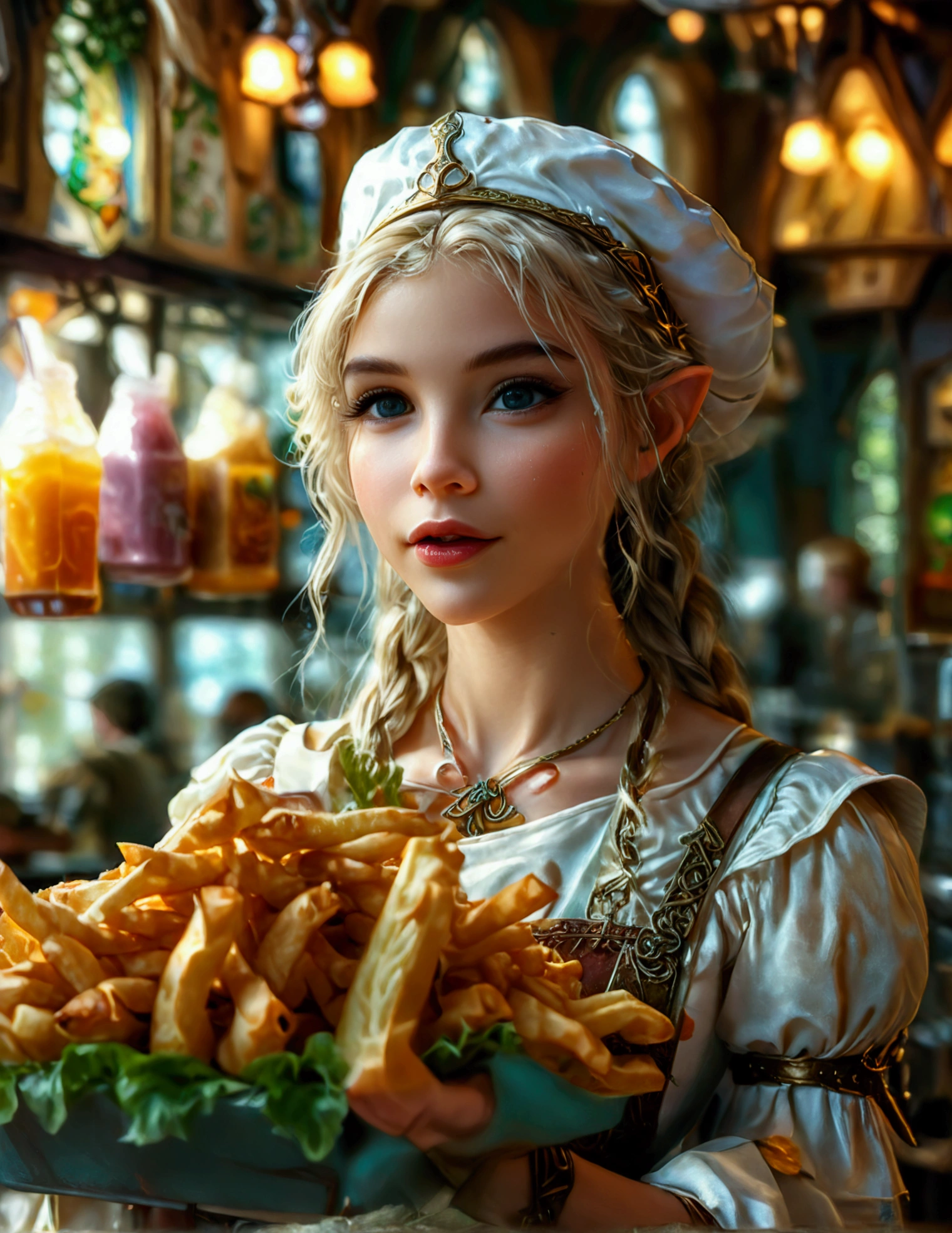 A beautiful elven princess working as a fast food server at Merlin's, wearing an apron and cap, serving magic milkshakes and baskets of fries, high fantasy, extremely detailed, intricate details, photorealistic, 8k, dramatic lighting, vivid colors, cinematic composition, fantasy elements, fantasy food, fantasy restaurant interior