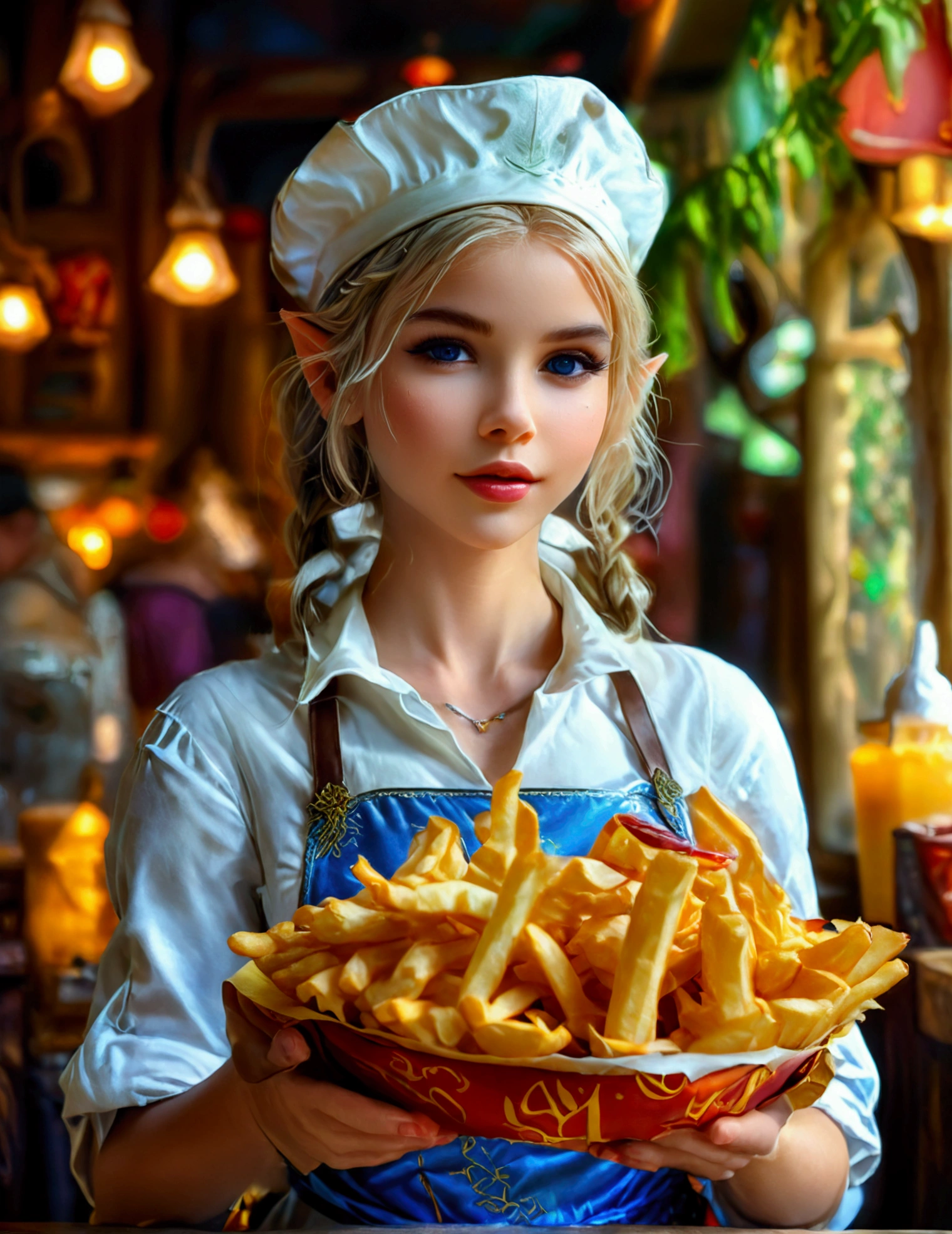 A beautiful elven princess working as a fast food server at Merlin's, wearing an apron and cap, serving magic milkshakes and baskets of fries, high fantasy, extremely detailed, intricate details, photorealistic, 8k, dramatic lighting, vivid colors, cinematic composition, fantasy elements, fantasy food, fantasy restaurant interior
