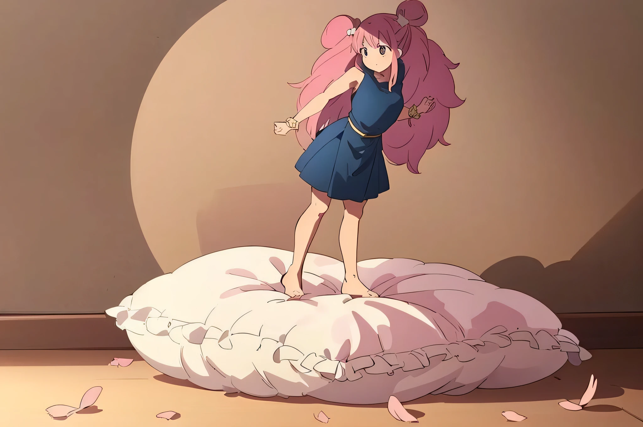 (best quality， masterpiece) , details, (Light and shadow oxtail) , Cute girl posing on pillow ，Pillow, Upholstered，Soft pillow quotation，（Pillow），The love surrounding the protagonist，steam，Luxury Pillow），（Gorgeous pattern pillow），luxurious pillow，（bedroom ）, standing,（Love around the protagonist），（pillow）, long hair, frilled pillow , ((pink pillow))  , 1 pillow, standing on top of pillow, on pillow, big pillow, pillow damage, stomping pillow, stomping, pillow on floor, stepping on pillow, posing on top pillow, full body, pillow on floor, (((pink hair))), feathers