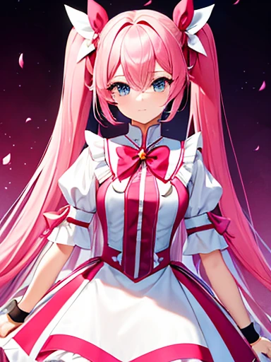 high quality，masterpiece。A cute magical girl with very long pink hair，The hairstyle is long twin tails。She stands upright with her face and body facing the viewer，True Identity。Her hands are empty，Don&#39;t move your hands。She seems tall，Her breasts are very large，Good style，She has the perfect proportions as a woman.。She is smiling with her pretty face，Both eyes are blue。Her costume is a magical girl costume.，Clothes that don&#39;t reveal much of the chest，The costume covers the chest，Magical Girl Costume，Costumes with flashy designs such as ribbons and frills，The costume has a white and pink color scheme..，Skirt is a mini skirt，Long white gloves on both hands，Long white socks on both feet。She is standing，Where you&#39;re standing is in the city。