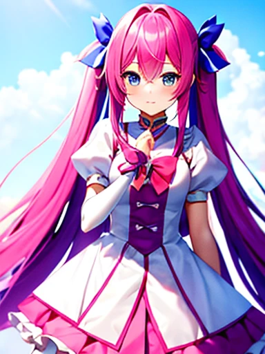 high quality，masterpiece。A cute magical girl with very long pink hair，The hairstyle is long twin tails。She stands upright with her face and body facing the viewer，True Identity。Her hands are empty，Don&#39;t move your hands。She seems tall，Her breasts are very large，Good style，She has the perfect proportions as a woman.。She is smiling with her pretty face，Both eyes are blue。Her costume is a magical girl costume.，Clothes that don&#39;t reveal much of the chest，The costume covers the chest，Magical Girl Costume，Costumes with flashy designs such as ribbons and frills，The costume has a white and pink color scheme..，Skirt is a mini skirt，Long white gloves on both hands，Long white socks on both feet。She is standing，Where you&#39;re standing is in the city。