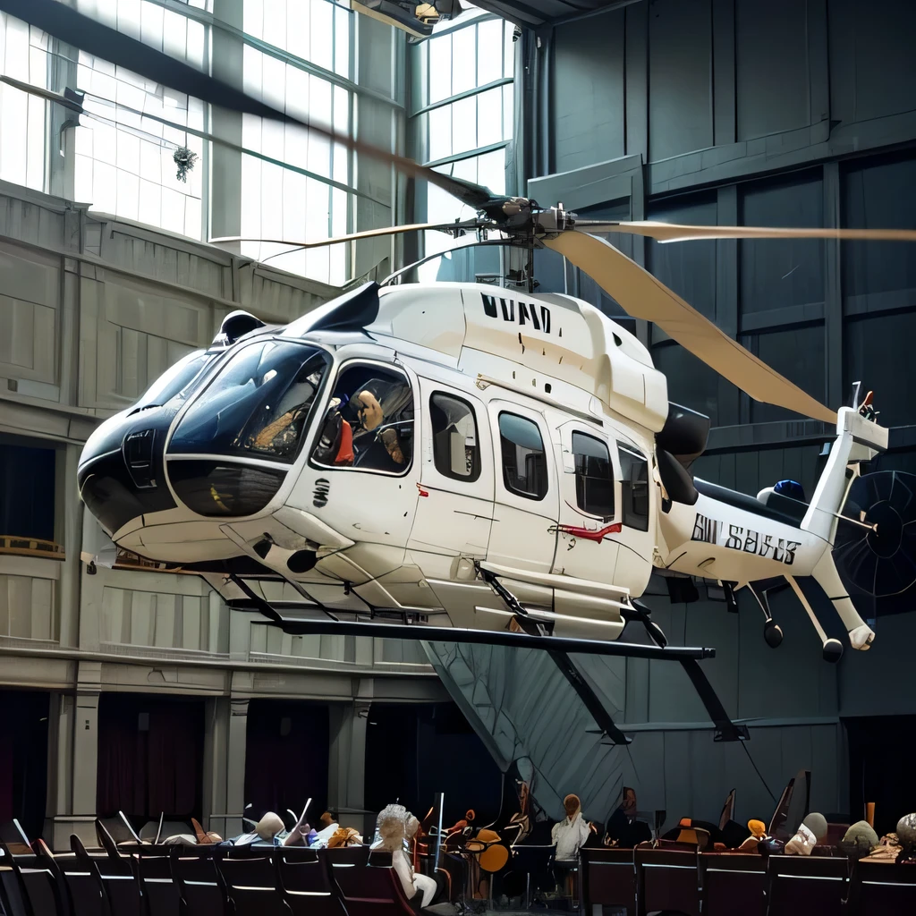 best quality, ultra-detailed, realistic, (white transport helicopter, UH-60, flying:1.4), BREAK (concert hall, orchestra:1.3),