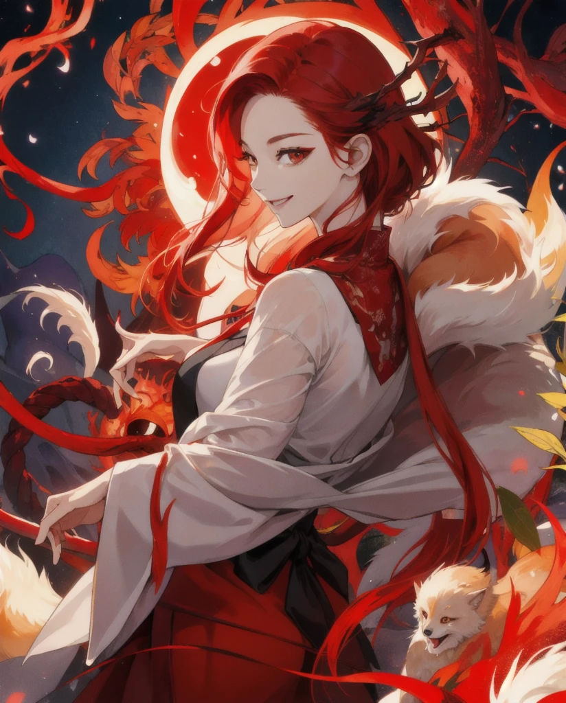 top-quality、9Tailed fox、Woman with a bewitching smile、1girl、red color hair
