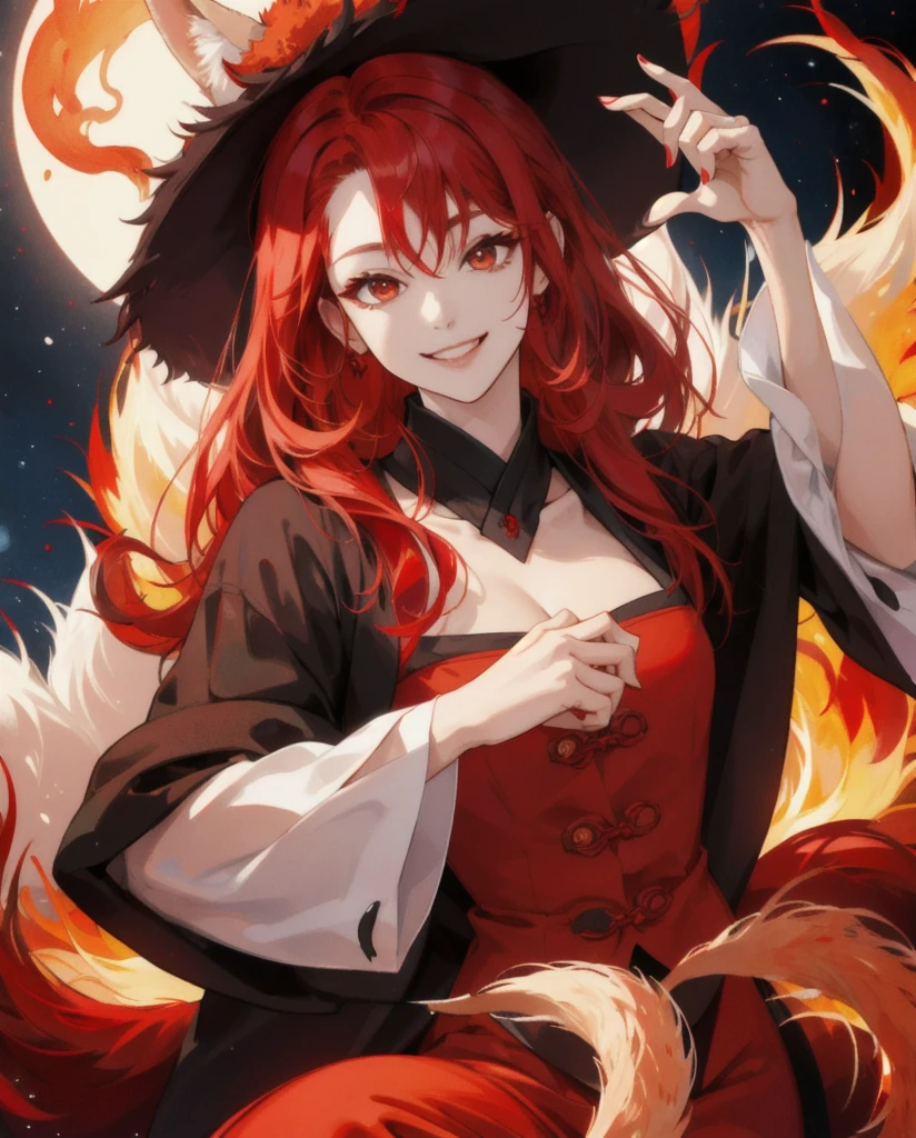 top-quality、9Tailed fox、Woman with a bewitching smile、1girl、red color hair