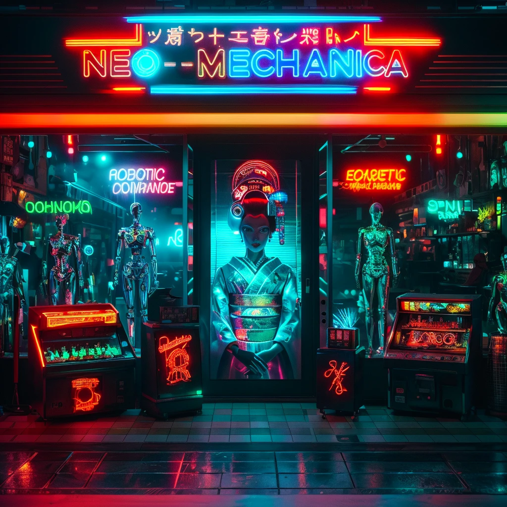 A neon-lit retrofuturistic street, Neo-Mechanica shop, robotic geisha mural, chrome mannequins, vintage arcade cabinets, robotic companions, checkerboard floor, robotic DJ, cybernetic humans and robots, cybernetic clerk, clanking metal, holographic price tags, digital voices, (best quality,4k,8k,highres,masterpiece:1.2),ultra-detailed,(realistic,photorealistic,photo-realistic:1.37),cyberpunk,synthwave,neon,chrome,holographic,pixelated,retro-futuristic,cinematic lighting