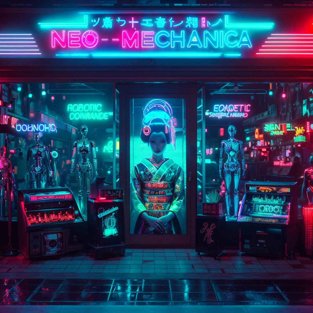 A neon-lit retrofuturistic street, Neo-Mechanica shop, robotic geisha mural, chrome mannequins, vintage arcade cabinets, robotic companions, checkerboard floor, robotic DJ, cybernetic humans and robots, cybernetic clerk, clanking metal, holographic price tags, digital voices, (best quality,4k,8k,highres,masterpiece:1.2),ultra-detailed,(realistic,photorealistic,photo-realistic:1.37),cyberpunk,synthwave,neon,chrome,holographic,pixelated,retro-futuristic,cinematic lighting