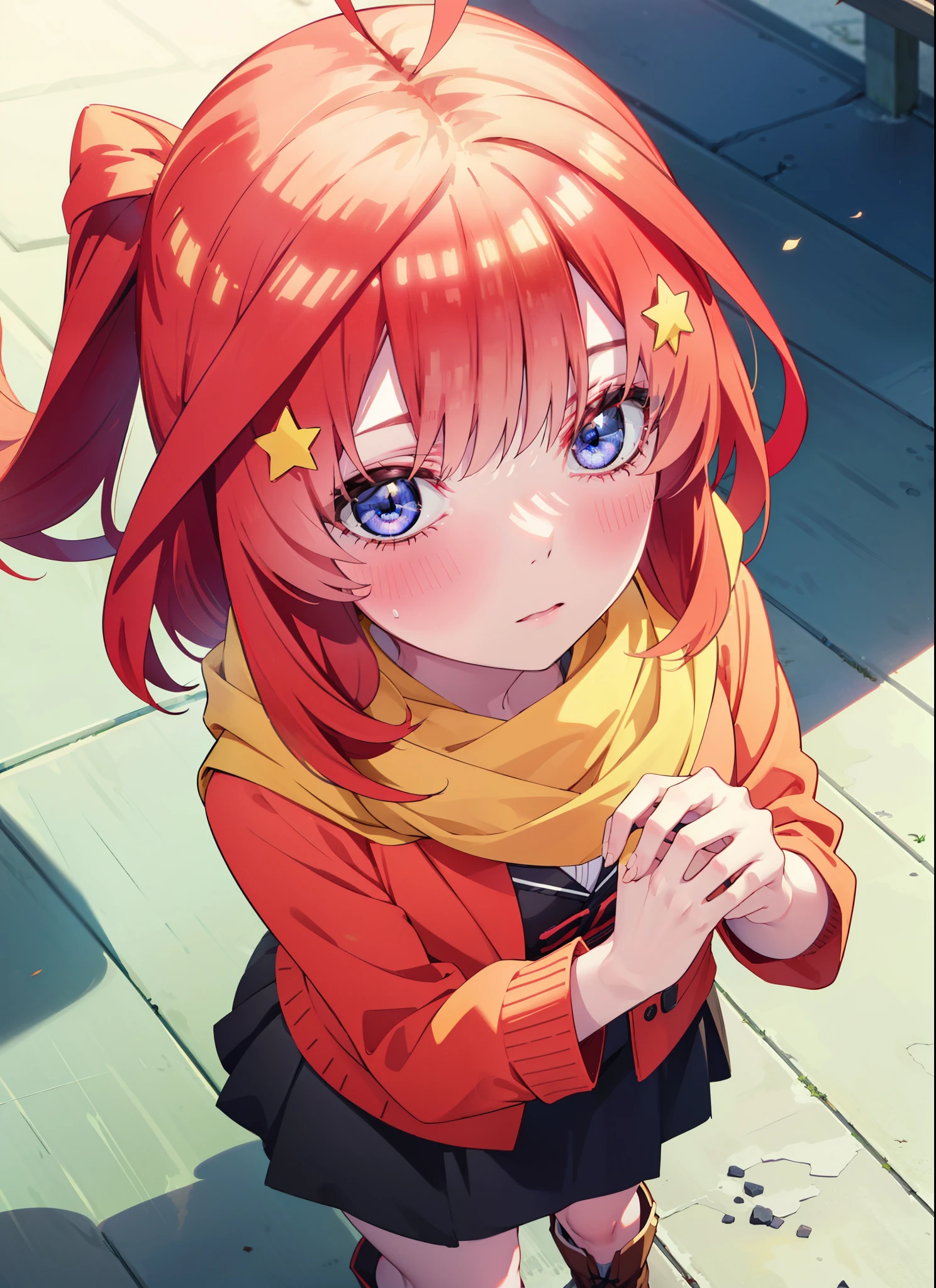 itsukinakano, itsuki nakano, bangs, blue eyes, Hair between the eyes, Ahoge, Redhead, star \(symbol\), hair ornaments, star hair ornaments,Yellow scarf,red coat,White Tokkuri Sweater,Black long skirt,Black pantyhose,short boots,blush,White Breath,Close your mouth,It's snowing,It's snowing,Shirogane World,Walking,whole bodyがイラストに入るように,
break outdoors,
break looking at viewer, whole body,
break (masterpiece:1.2), Highest quality, High resolution, unity 8k wallpaper, (figure:0.8), (Beautiful attention to detail:1.6), Highly detailed face, Perfect lighting, Highly detailed CG, (Perfect hands, Perfect Anatomy),