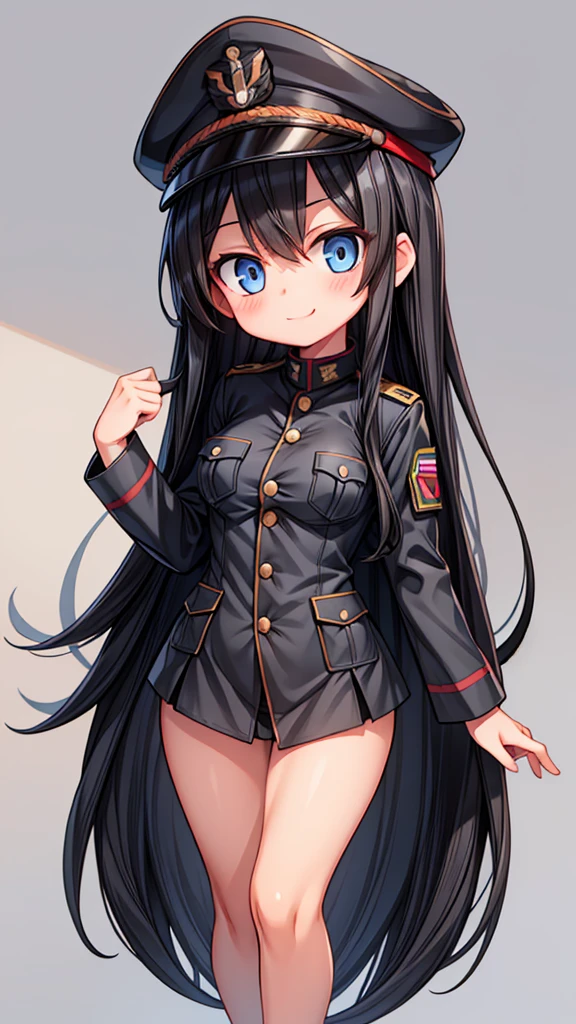 A girl, military girl, long hair, black hair, topless, gentle, good figure, uniform, hat, tear open clothes to expose breasts, , smile,jjmx, seductive eyes, loli